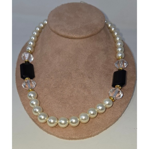 Faux Pearl Black Onyx Beaded Choker Necklace 18" Vintage Fashion Costume Jewelry - Picture 7 of 10